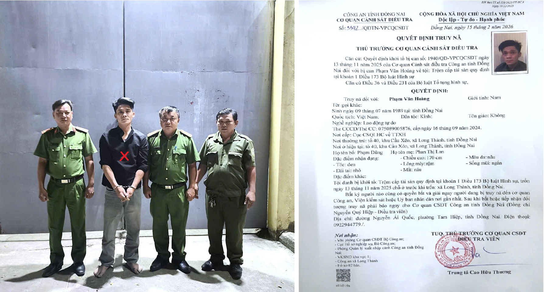 Đối tượng Hoàng bị bắt giữ (Ảnh: Công an Đồng Nai).