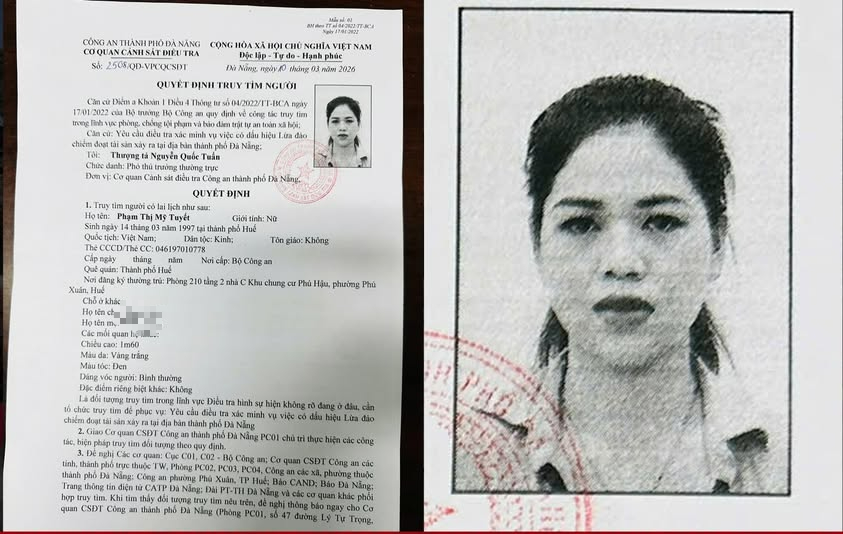 Công an TP Đà Nẵng đang truy tìm Phạm Thị Mỹ Tuyết. (Ảnh: Công an Đà Nẵng).