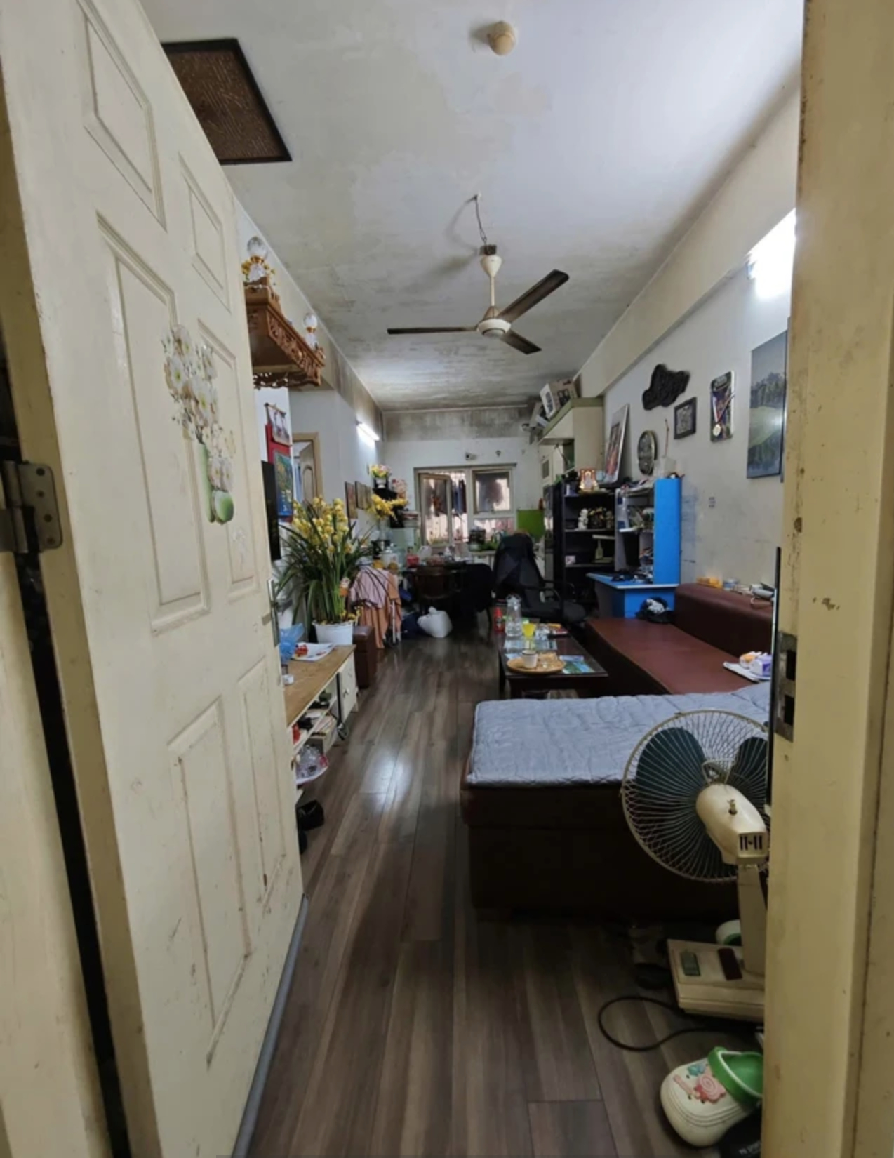 Tường nhà nhiều chỗ mốc meo loang lổ.