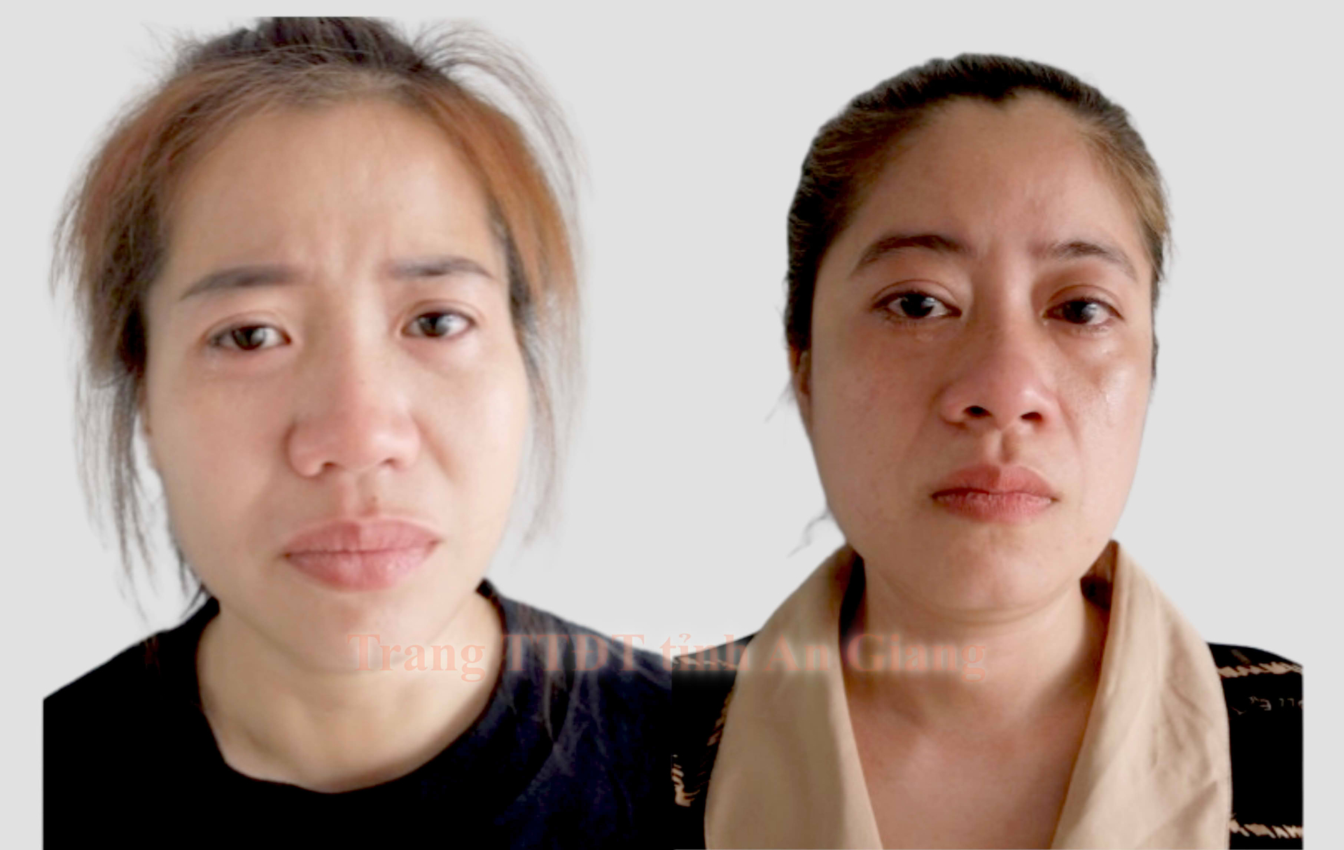 Bị can Nguyễn Thị Nhung và Trương Thị Rồi (từ trái qua) (Ảnh: Công an An Giang).