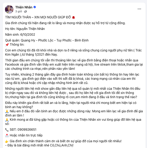 Thông báo khẩn của gia đình Thiện Nhân.