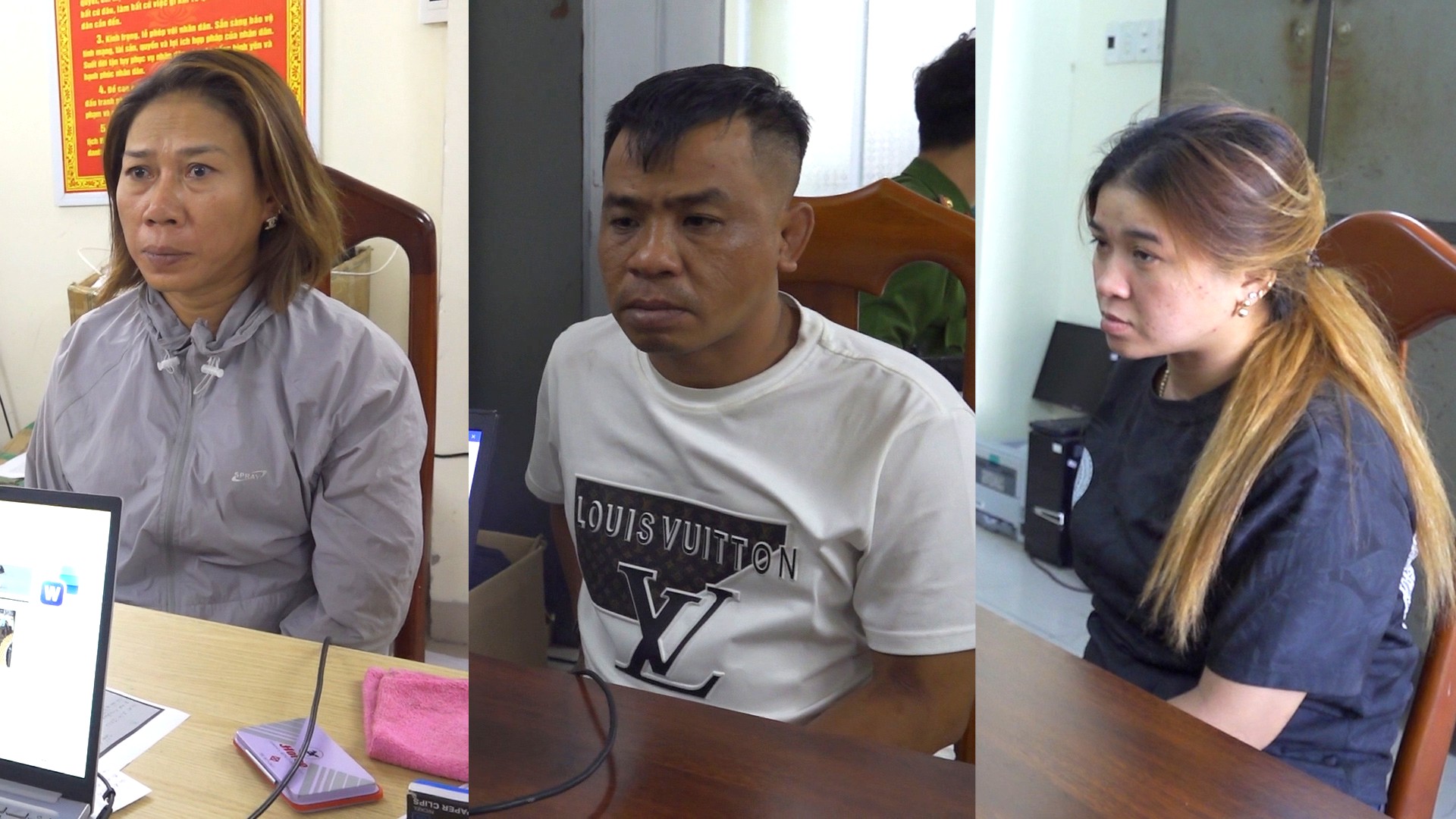 Đối tượng Loan, Tiến, Thu (từ trái qua phải) tại cơ quan Công an (Ảnh: Bộ Công an).