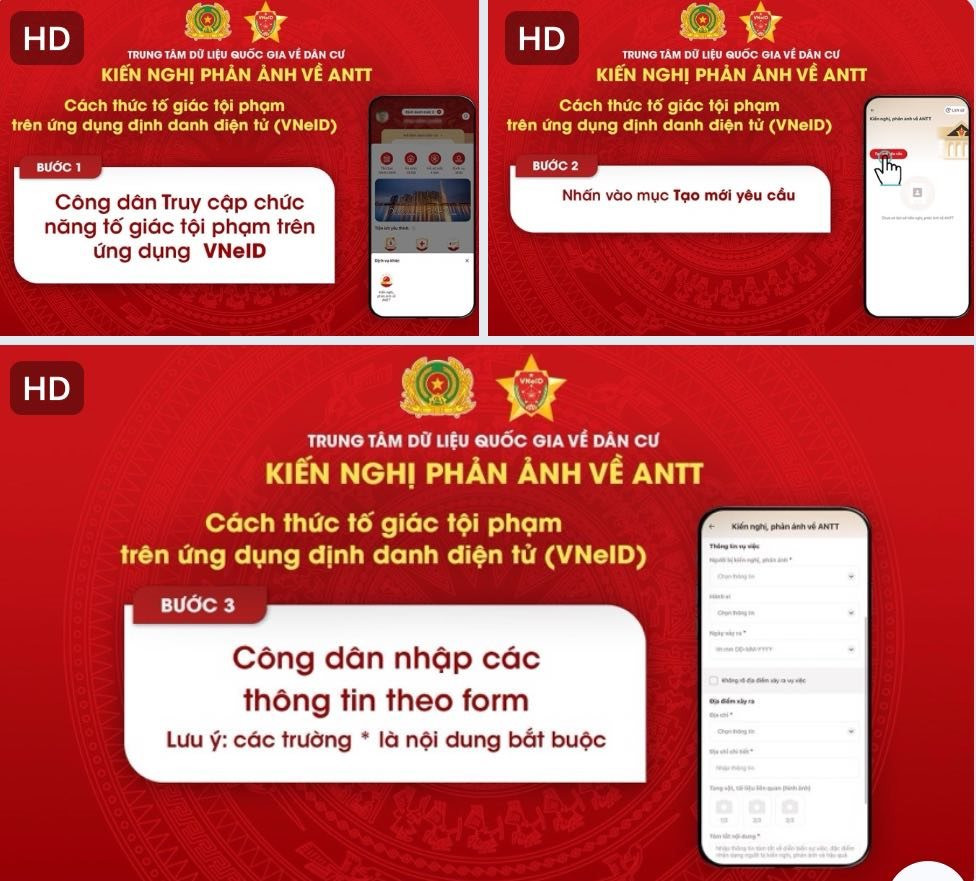 Các bước gửi tin nhắn được hướng dẫn thực hiện tố giác tội phạm trên VNeID (Ảnh: Công an Nghệ An).