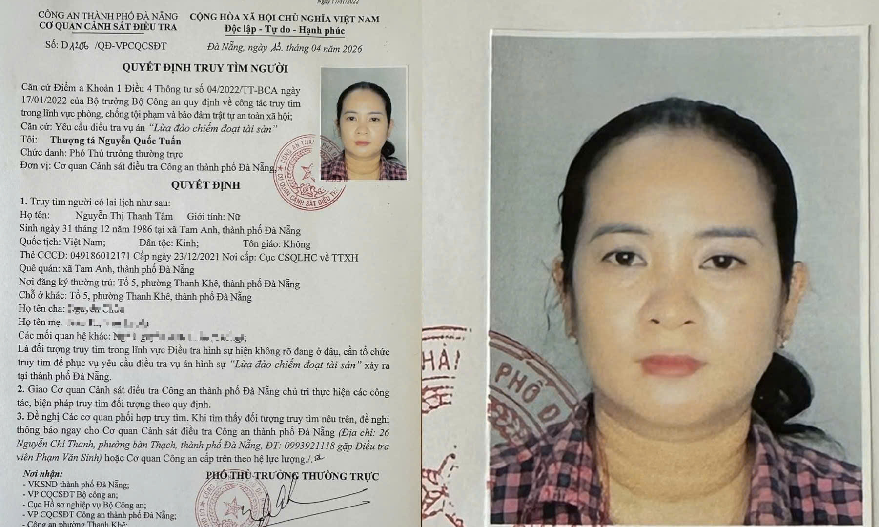 Cơ quan công an ra Quyết định truy tìm đối với Nguyễn Thị Thanh Tâm (Ảnh: Công an Đà Nẵng).