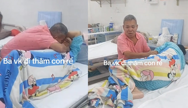 Hình ảnh ông Hùng mếu máo, ôm hôn con rể trên giường bệnh khiến nhiều người rơi nước mắt. 