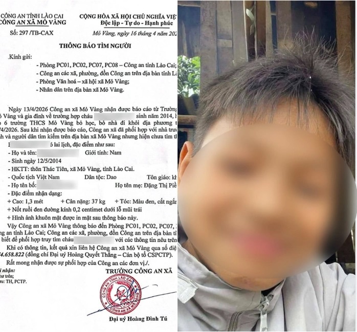 Thông báo tìm người của Công an xã Mỏ Vàng - Ảnh: Tiền Phong