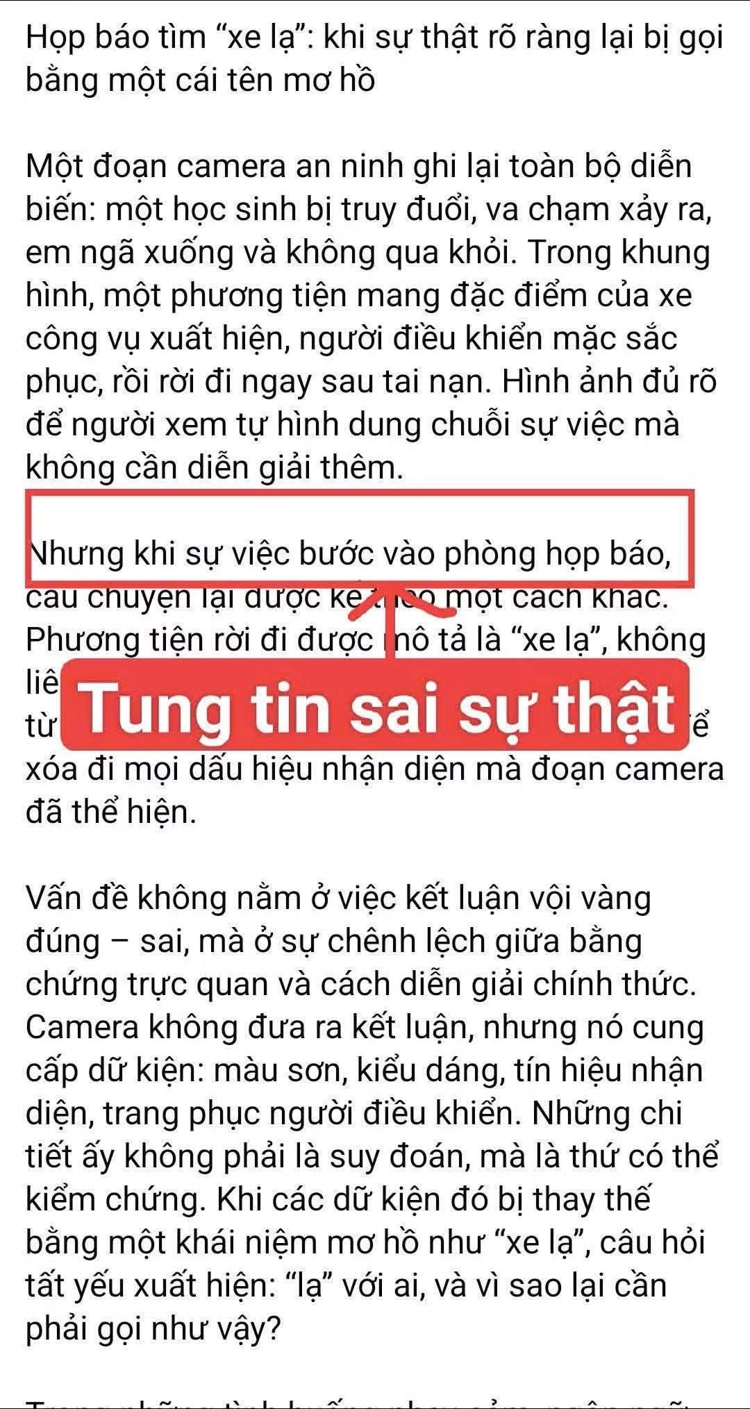 Thông tin bịa đặt được chia sẻ trên mạng xã hội liên quan đến vụ tai nạn của nam sinh. Ảnh: TPO