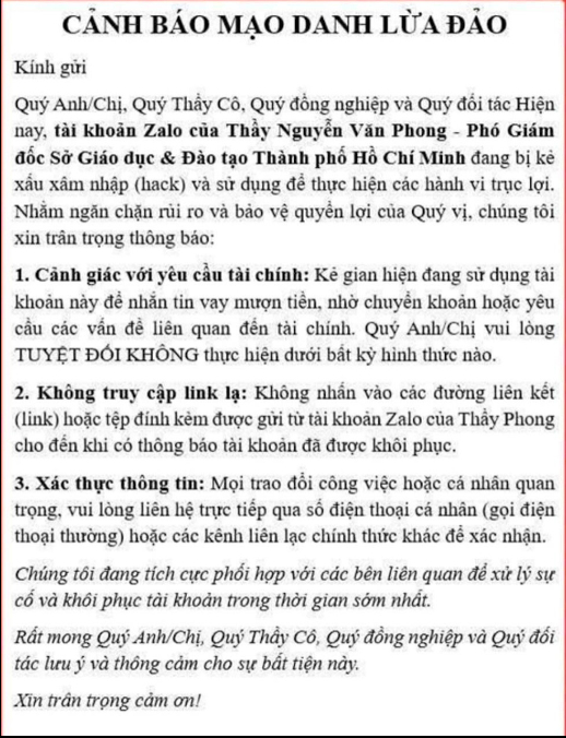 Ông Nguyễn Văn Phong, Phó Giám đốc Sở GD-ĐT TPHCM cảnh báo lừa đảo.