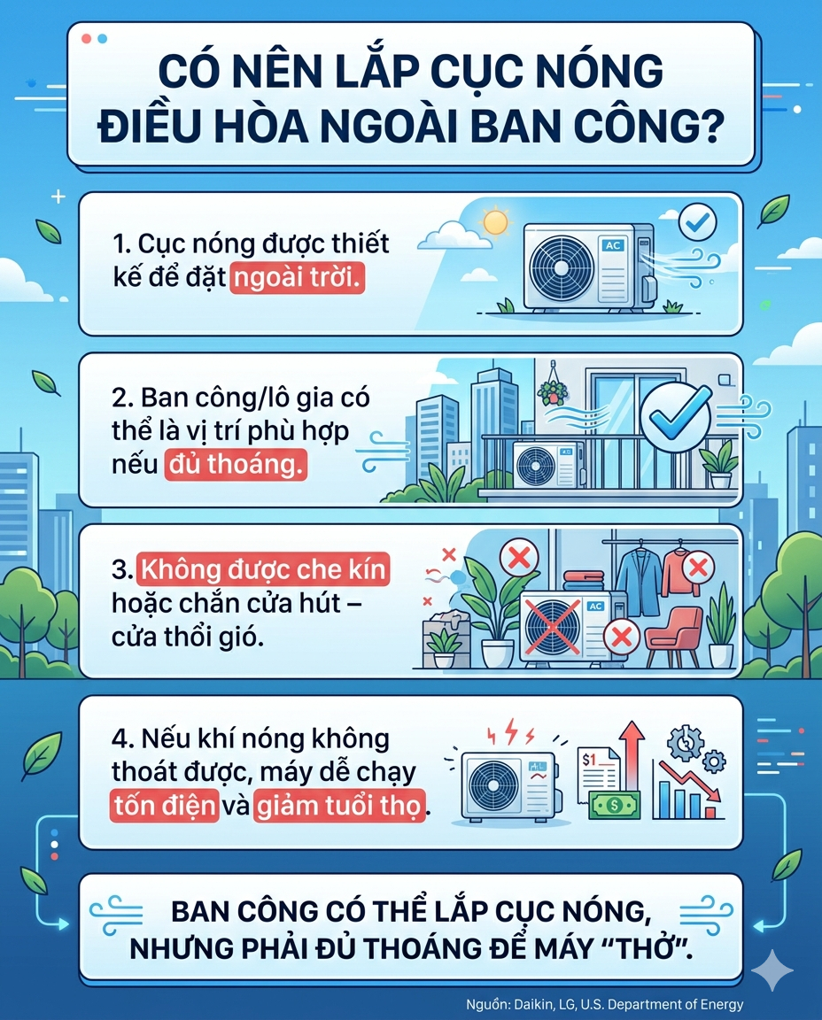 Lắp cục nóng điều hòa ngay ngoài ban công có được không? Nhà sản xuất đưa ra câu trả lời