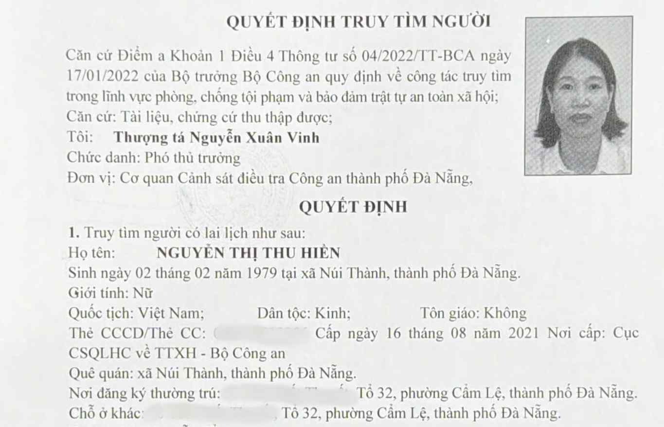 Quyết định truy tìm Nguyễn Thị Thu Hiền - Ảnh: Công an Đà Nẵng