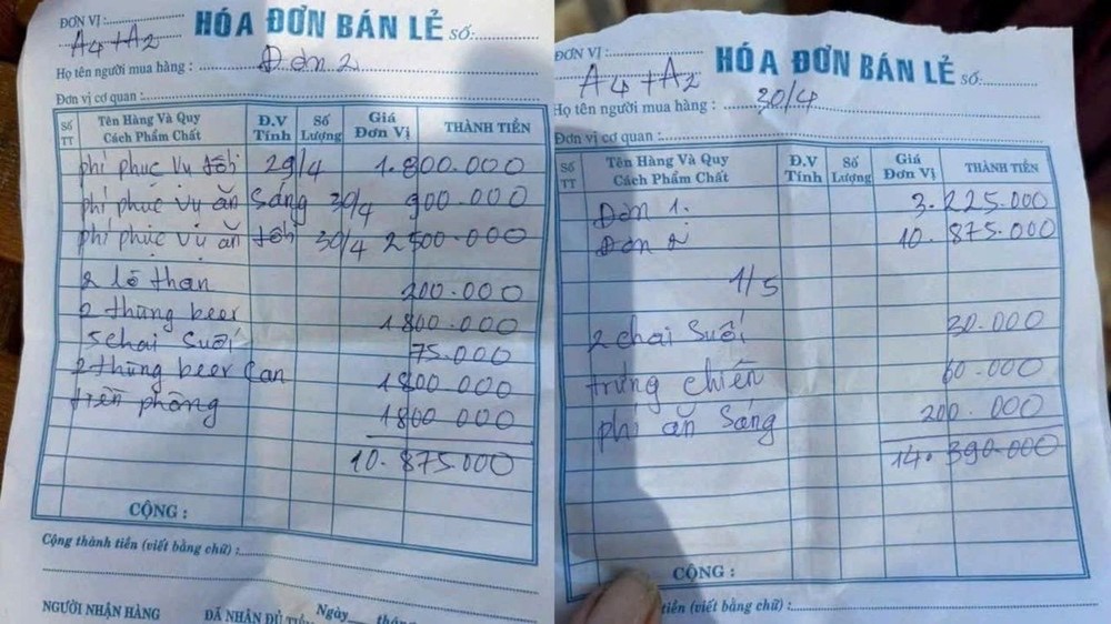 Hóa đơn được khách đăng tải lên mạng xã hội. 