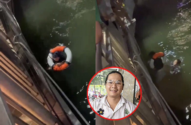 Anh Min dũng cảm nhảy xuống sông, cứu nam thanh niên đang chới với giữa dòng nước. (Ảnh: Cắt từ clip)