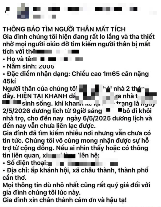 Gia đình ông M. đăng thông tin tìm kiếm con gái trên mạng xã hội.