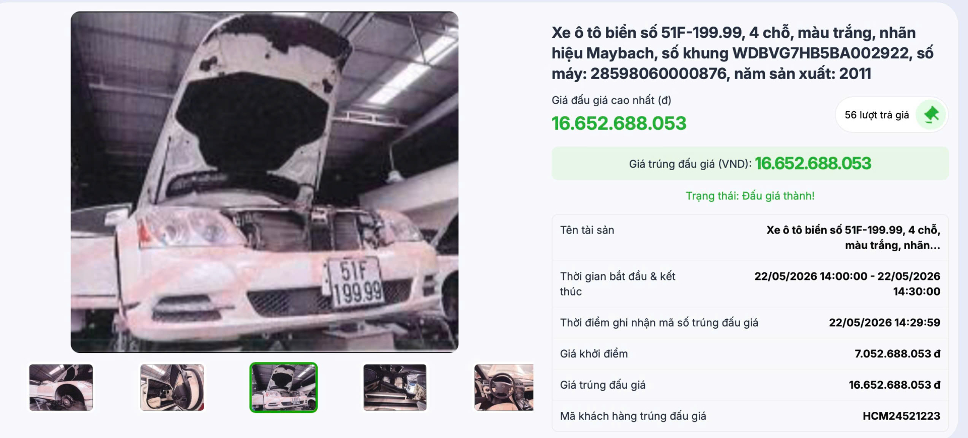 Đã có người trúng đấu giá chiếc Maybach biển tứ quý của bà Trương Mỹ Lan với giá 16,6 tỷ đồng. (Nguồn ảnh: Trung tâm dịch vụ đấu giá tài sản TP. HCM).
