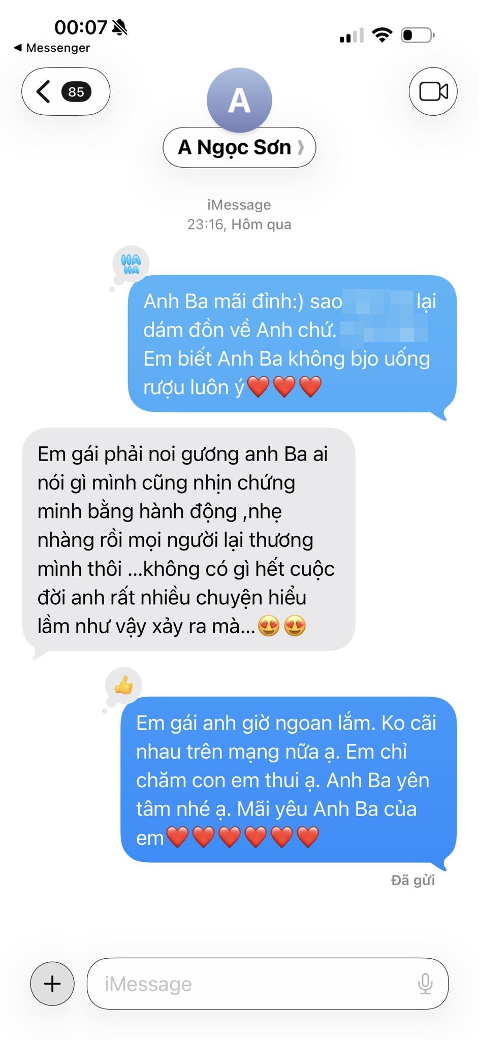 Tin nhắn giữa Quế Vân và Ngọc Sơn