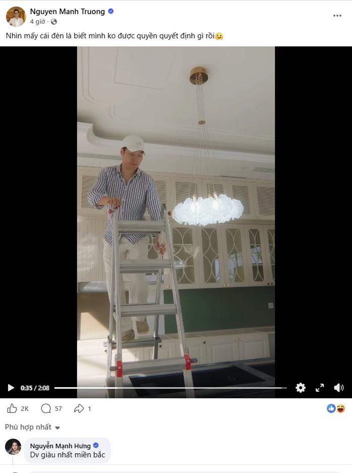 Khi đăng clip trang hoàng biệt thự mới, Mạnh Trường được diễn viên Mạnh Hương gọi là