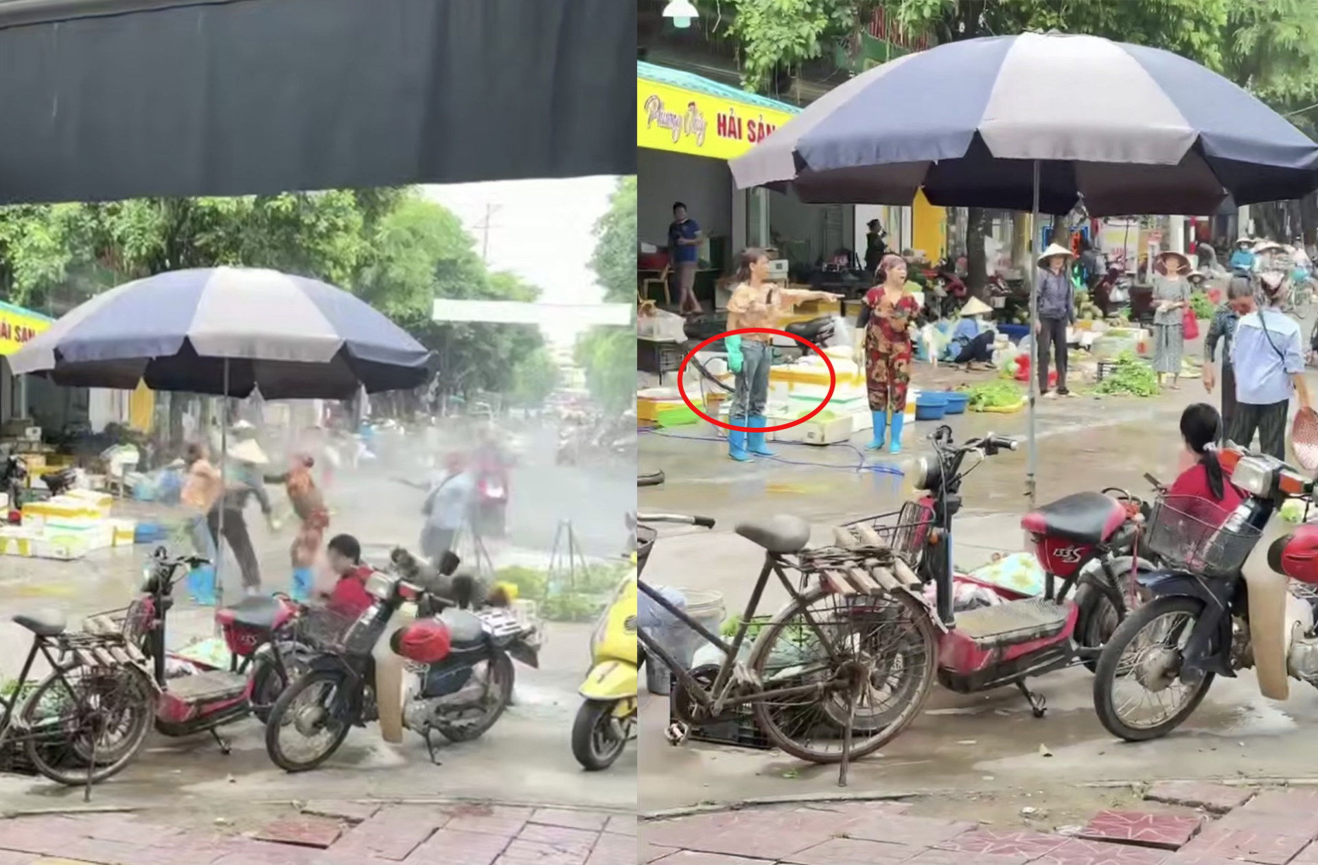 Người phụ nữ áo vàng cầm vòi xịt về phía người phụ nữ bán rau.