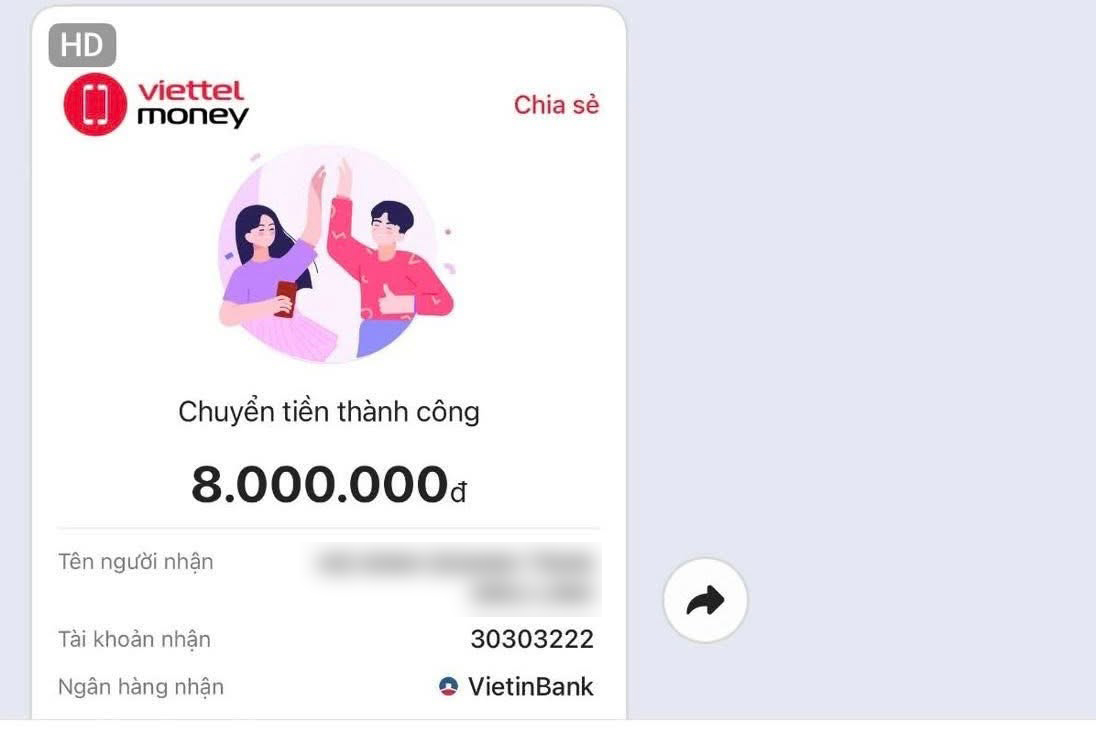 Đại diện nhóm đã chuyển khoản số tiền 8 triệu đồng cho quán.