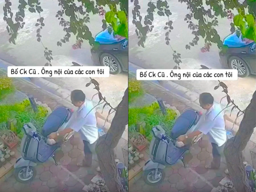 Hình ảnh người đàn ông lặng lẽ treo đồ ăn lên xe của con dâu cũ và các cháu nội. (Ảnh chụp màn hình)
