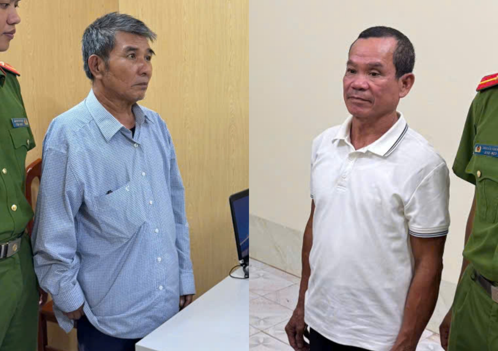 Bị can Hoàng Văn Quynh (áo xanh) và Nguyễn Ngọc Quốc (áo trắng) tại Cơ quan điều tra - Ảnh: Công an Hưng Yên