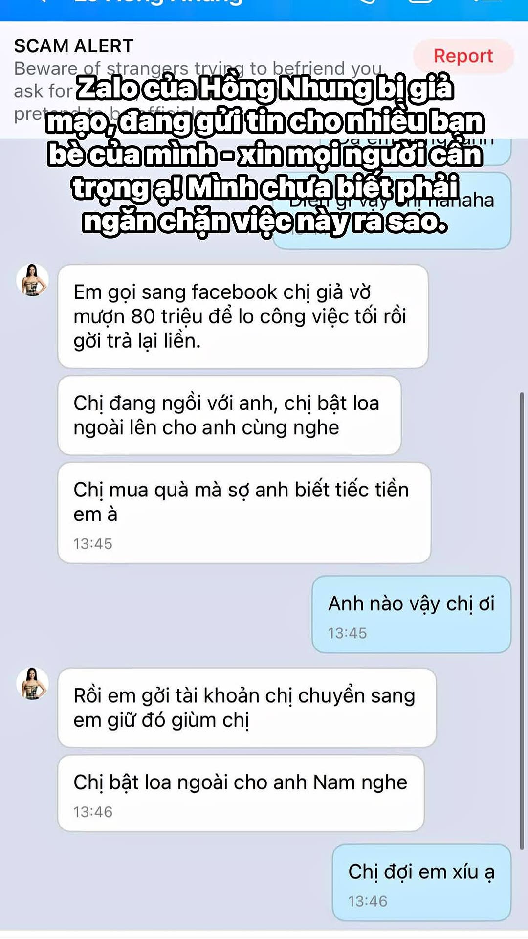 Hồng Nhung cảnh báo tài khoản Zalo của cô đang bị giả mạo