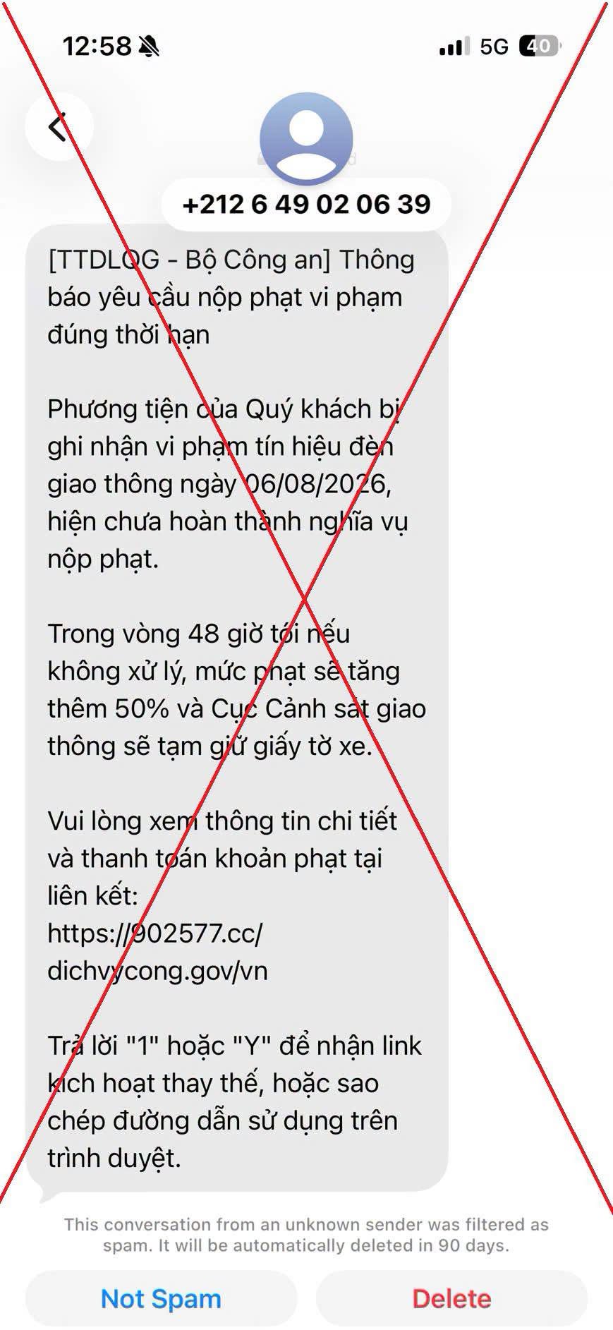 Nội dung tin nhắn lừa đảo.