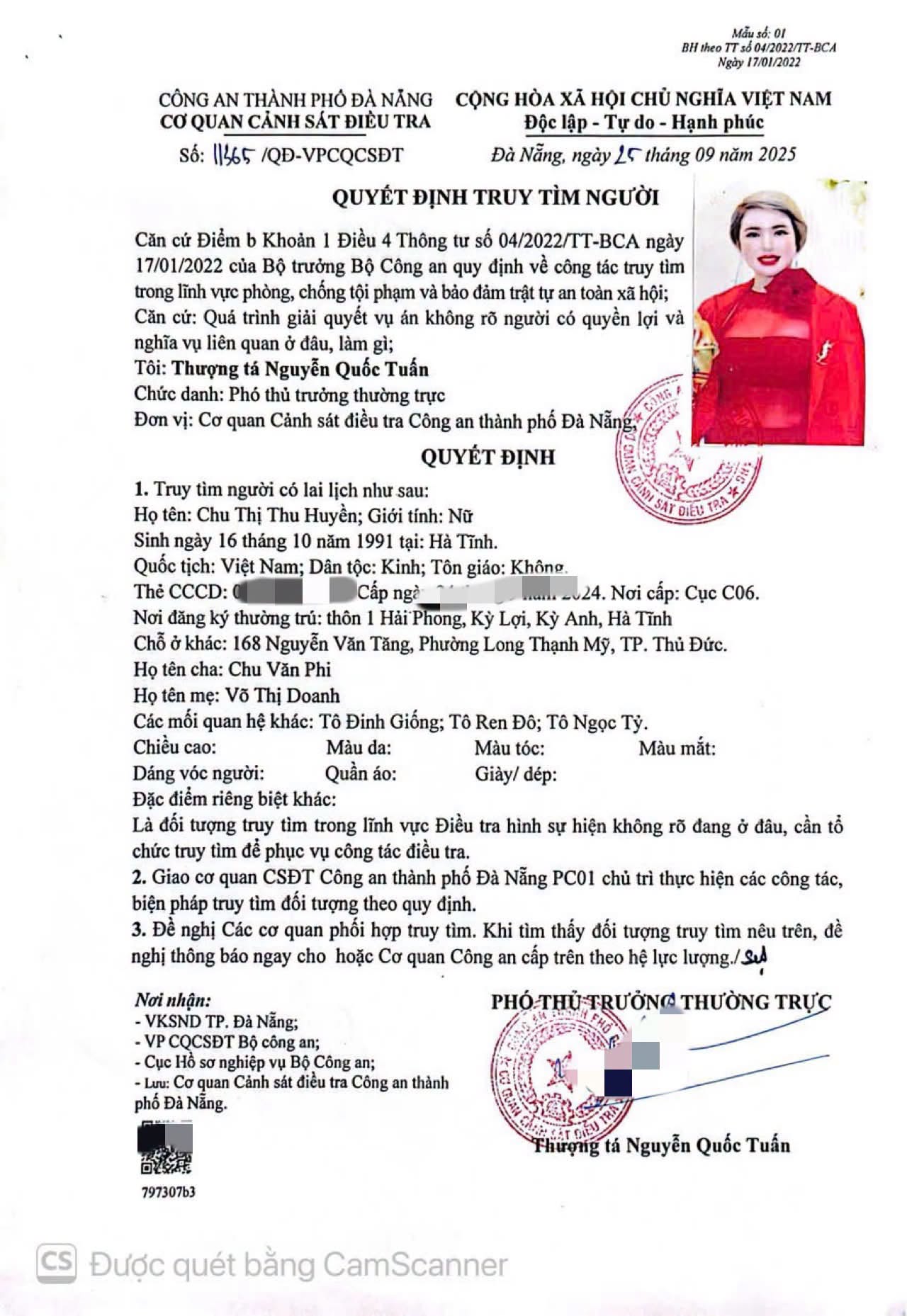Truy tìm người tên Chu Thị Thu Huyền SN 1991