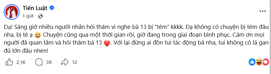 Tiến Luật lên tiếng làm rõ tin đồn gây xôn xao về bà xã Thu Trang