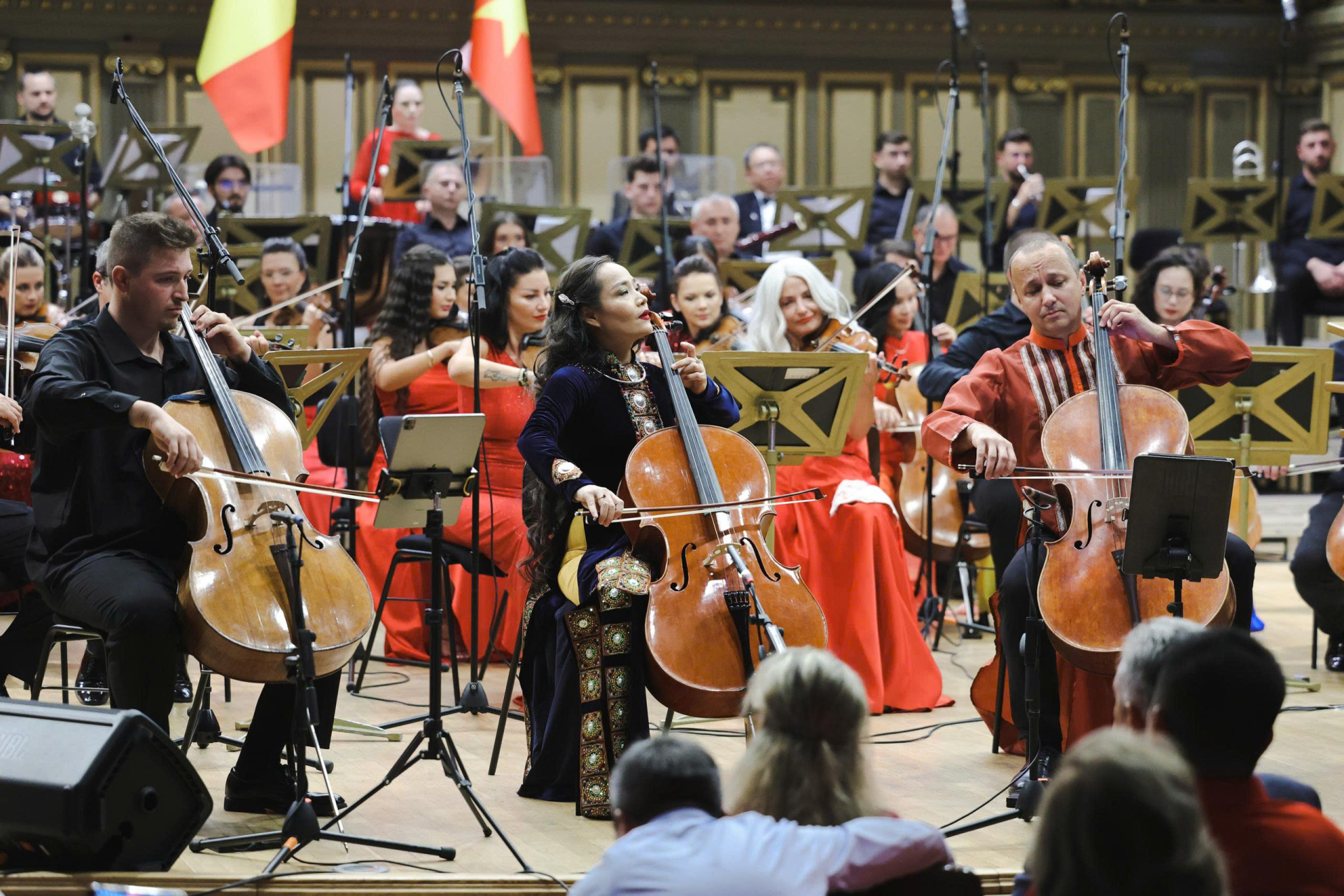 Tiến sĩ, nghệ sĩ cello Đinh Hoài Xuân biểu diễn trên sân khấu nhà hát Romanian Athenaeum