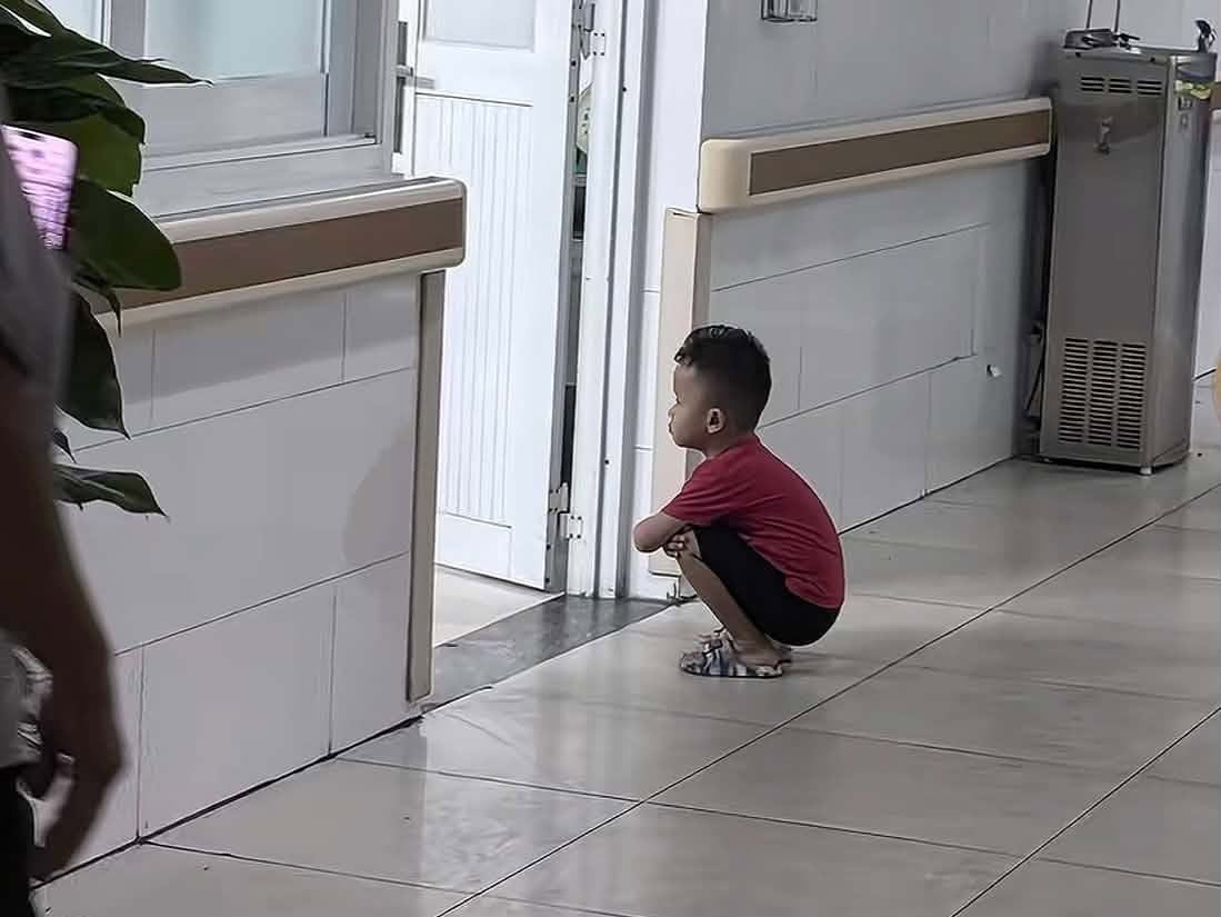 Hình ảnh Lion ngồi xổm trước cửa phòng sinh ngóng em khiến nhiều người vừa thích thú, vừa xúc động. (Ảnh: Cắt từ clip)