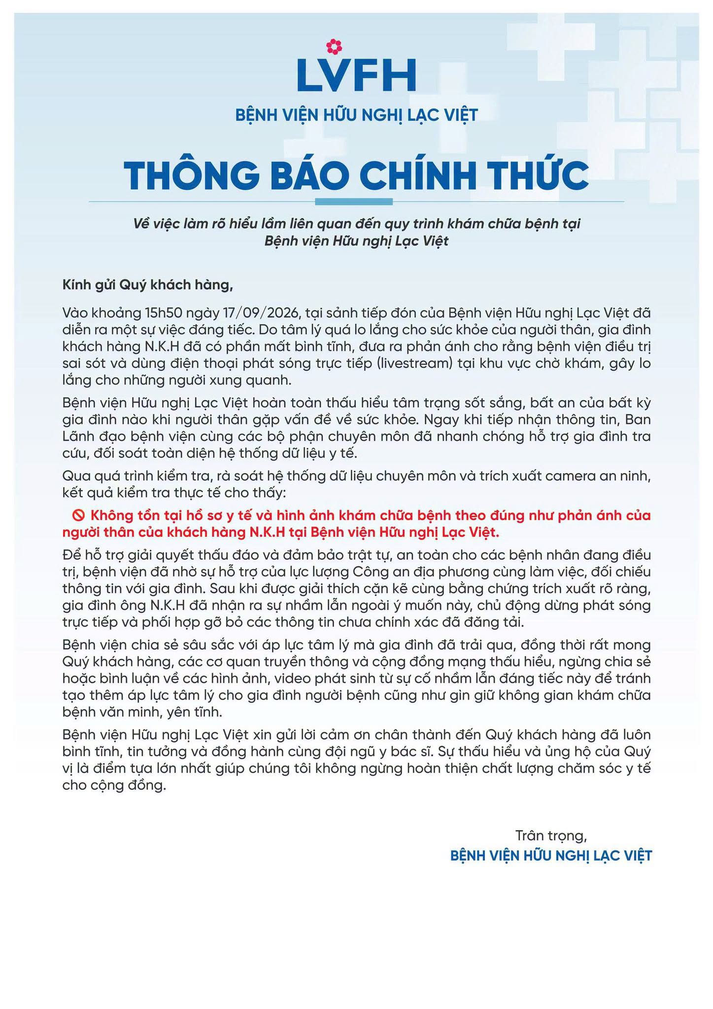 Thông báo chính thức của Bệnh viện Hữu nghị Lạc Việt. (Ảnh: Fanpage Bệnh viện Hữu nghị Lạc Việt)