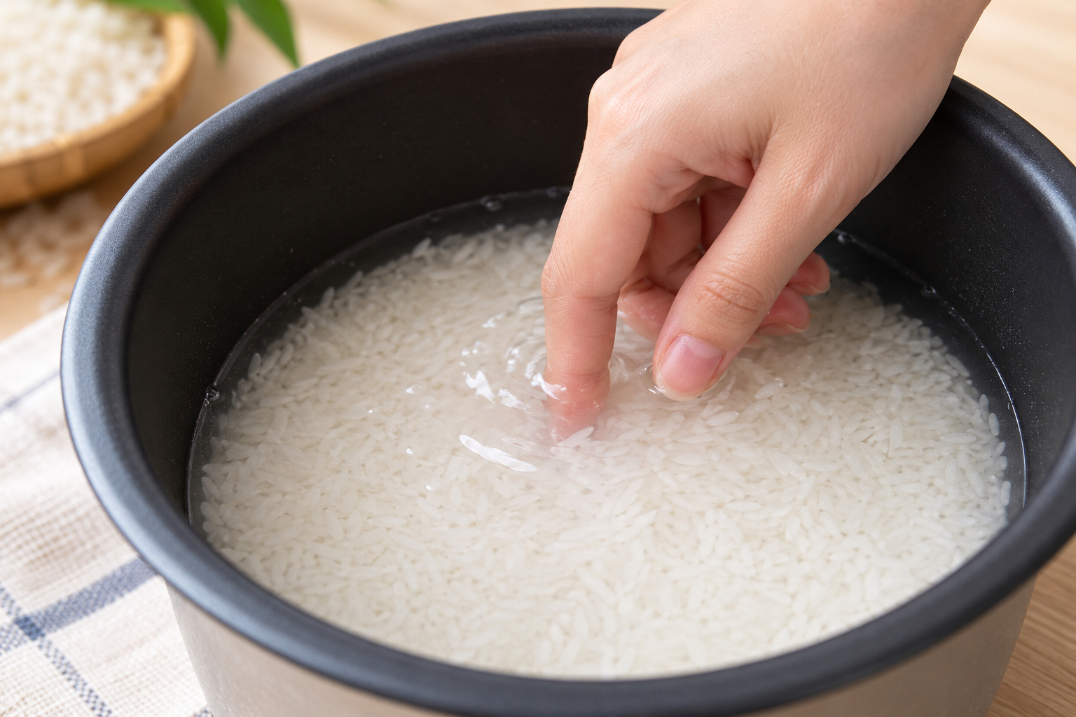 Nhiều gia đình thường quen đo nước nấu cơm bằng đốt ngón tay - Ảnh minh họa
