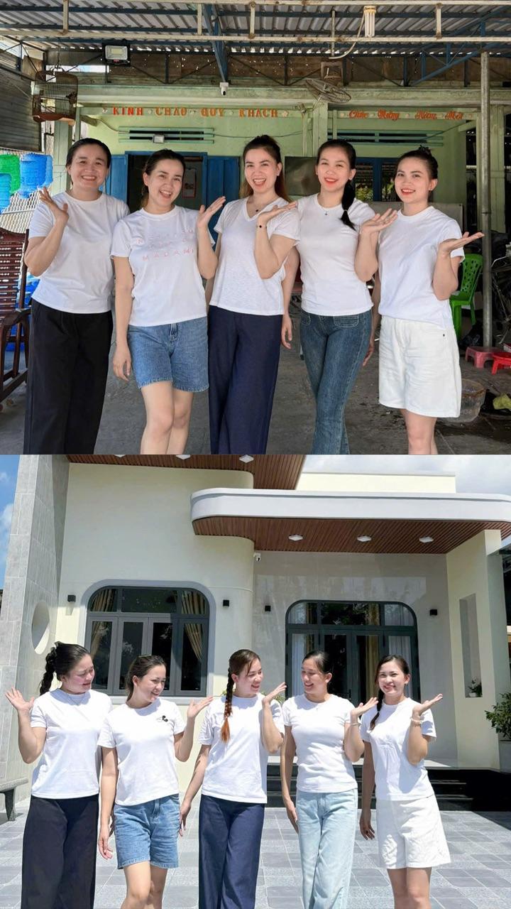 5 chị em chị Xuân bên ngôi nhà cũ - mới của ba mẹ. 