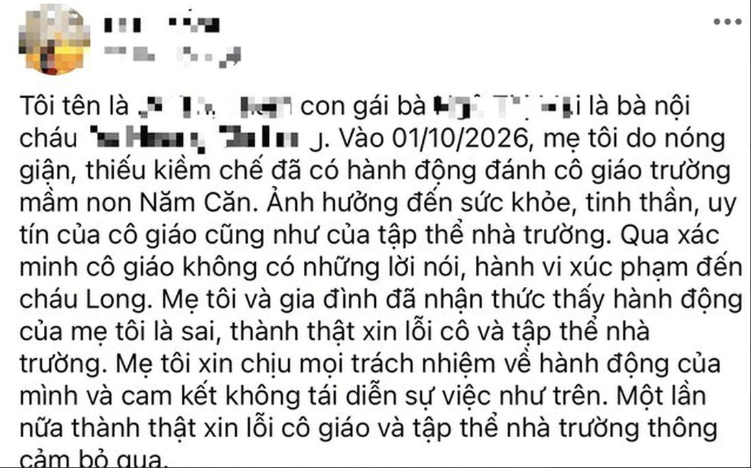 Con gái M. đăng xin lỗi cô giáo bị đánh bóng và tập thể Trường mầm non Năm Căn - Ảnh chụp màn hình