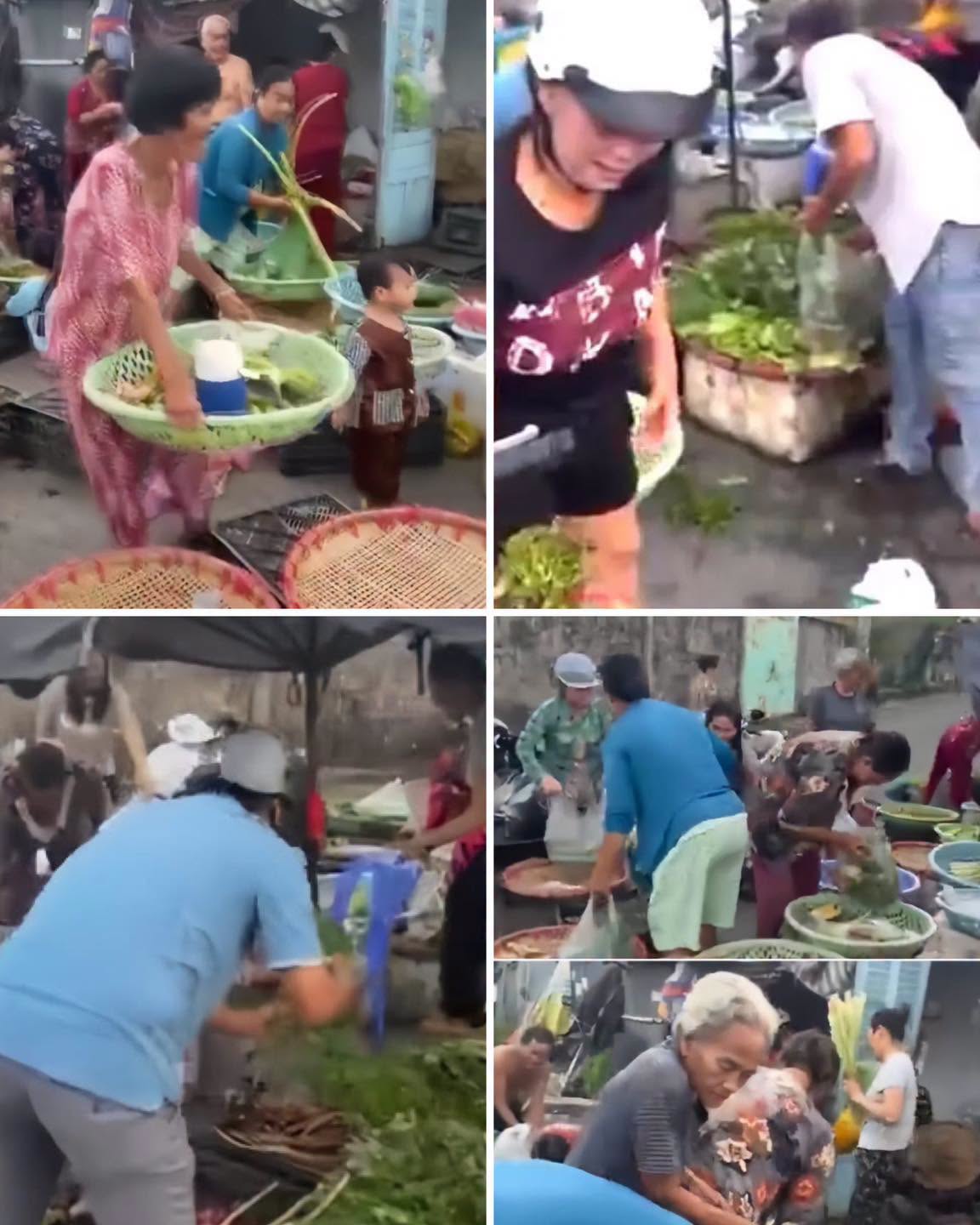 Hình ảnh người dân vui vẻ tới nhận rau miễn phí tại quầy hàng của nam tiểu thương. (Ảnh cắt từ clip)