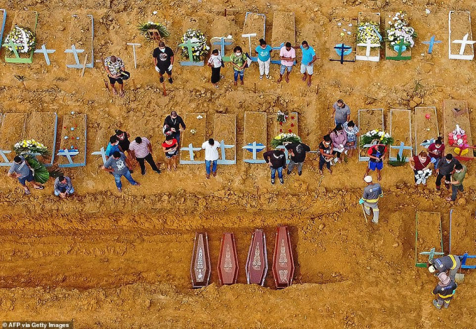 Bức ảnh chụp từ trên không này cho thấy một vụ chôn cất đang diễn ra tại một khu vực nơi những ngôi mộ mới đã được đào lên tại nghĩa trang Nossa Senhora Aparecida ở Manaus, trong rừng Amazon ở Brazil. Ảnh: AFP
