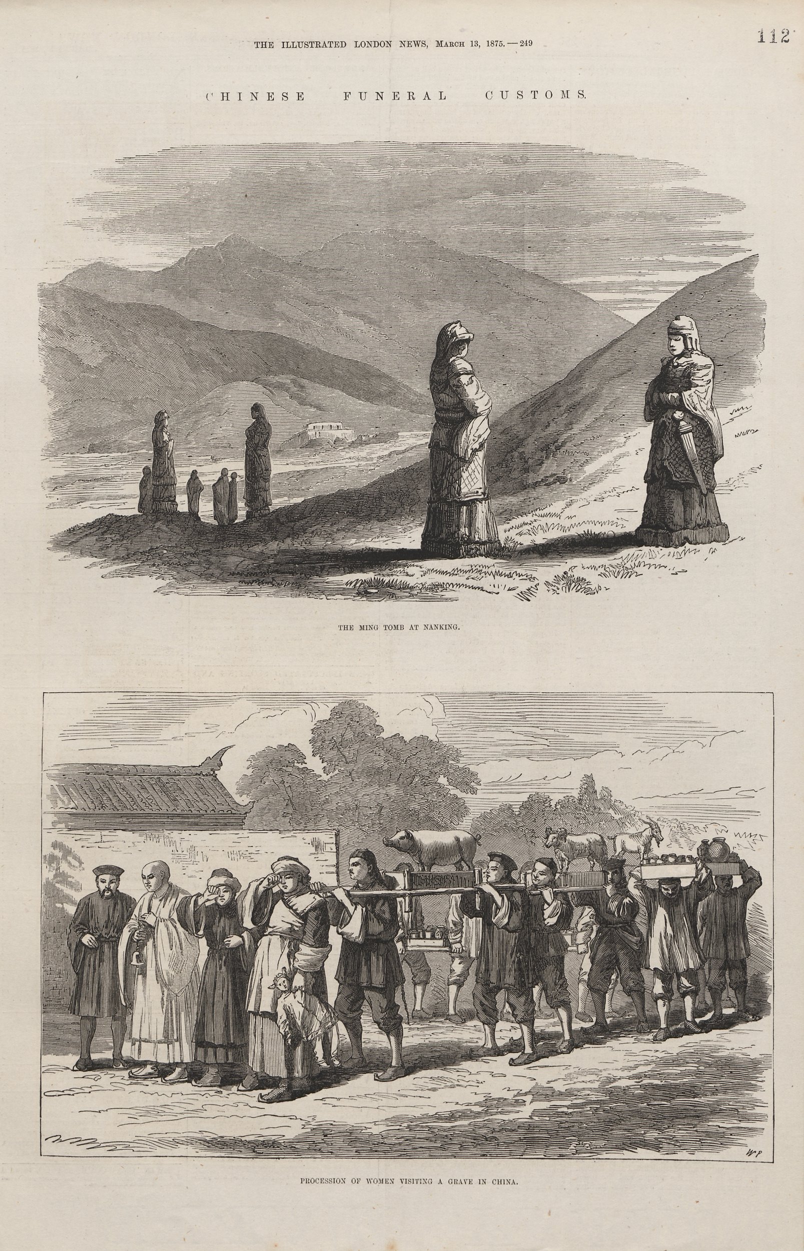 Tranh minh họa phong tục tang ma Trung Hoa được xuất bản năm 1875. Hình ảnh chỉ có giá trị minh họa bối cảnh lịch sử, không phải bằng chứng trực tiếp về tục vợ để tang chồng ba năm. Ảnh: Wikimedia Commons.