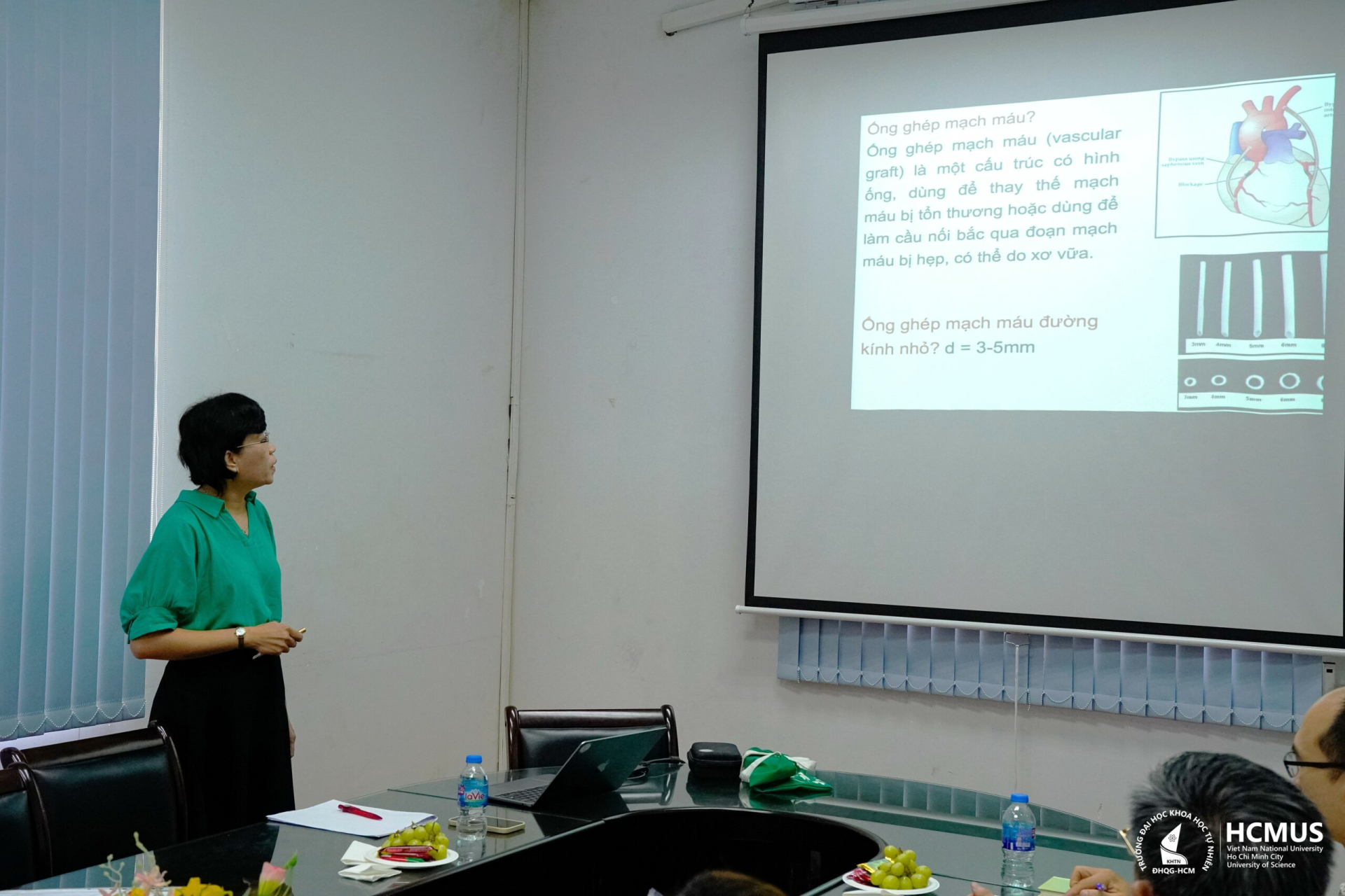 GS.TS Trần Lê Bảo Hà trình bày kết quả đề tài nghiên cứu ống ghép mạch máu đường kính nhỏ trước hội đồng nghiệm thu. Ảnh: Trường Đại học Khoa học Tự nhiên, ĐHQG-HCM.