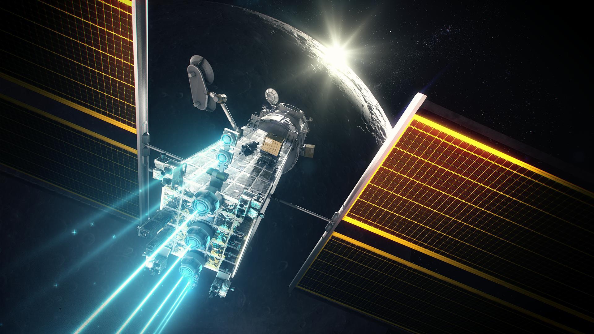 Hình mô phỏng mô-đun điện và lực đẩy PPE theo kiến trúc Gateway được NASA phát triển cho hoạt động quanh Mặt Trăng. Ảnh: NASA.