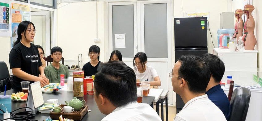 Nguyễn Thị Thanh Tuyền trình bày kết quả nghiên cứu trước các nhà khoa học tại Phòng thí nghiệm Vật liệu y sinh. Việc thảo luận kết quả là một phần của quy trình phản biện nội bộ trước khi công bố.