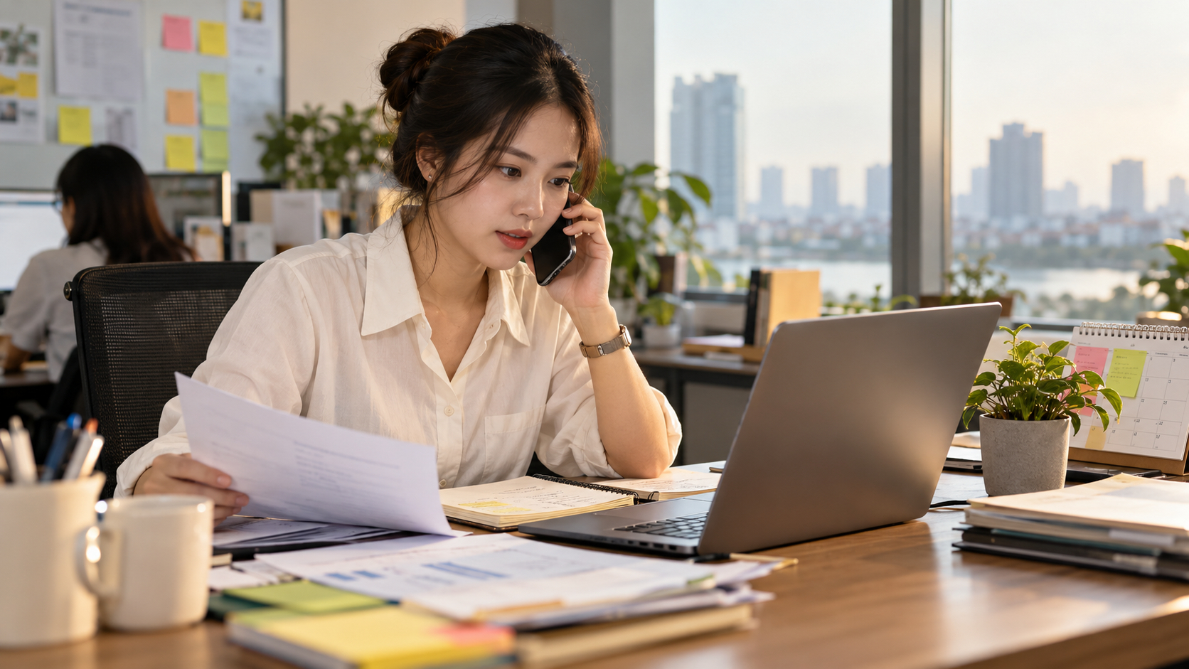 Một phụ nữ vừa xử lý công việc trên máy tính, vừa trao đổi qua điện thoại và theo dõi tài liệu. Hình ảnh này thường được gắn với quan niệm phụ nữ “giỏi đa nhiệm”, dù nghiên cứu chưa cho thấy họ vượt trội nam giới ở phần lớn nhiệm vụ.