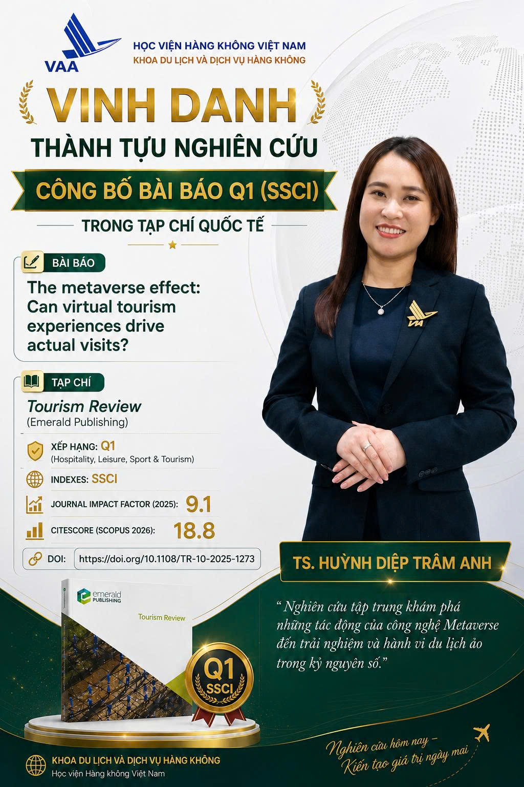 TS. Huỳnh Diệp Trâm Anh, tác giả đầu của nghiên cứu về trải nghiệm Hoi An Metaverse và ý định đến điểm đến thật. Ảnh: Khoa Du lịch và Dịch vụ Hàng không, Học viện Hàng không Việt Nam.