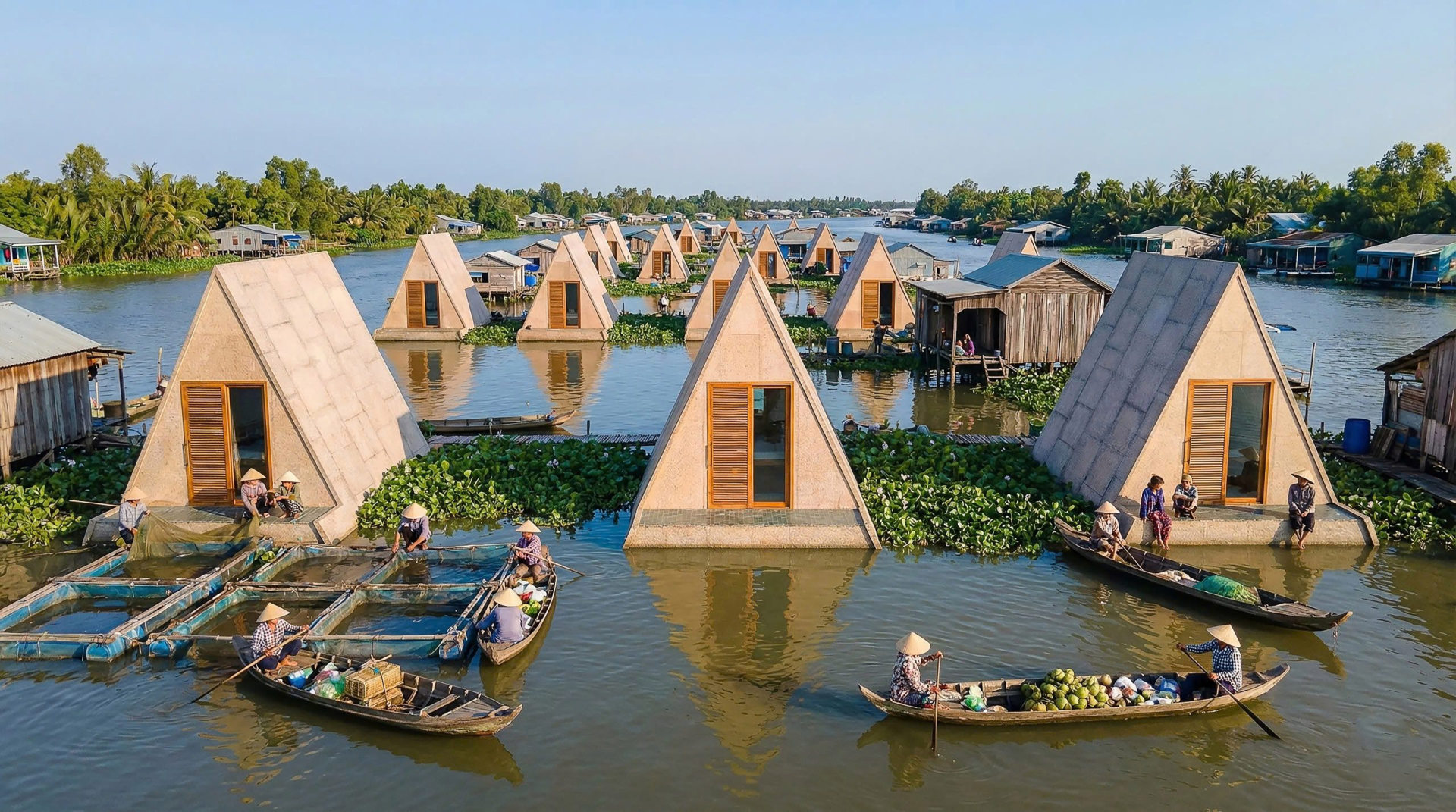 Phối cảnh mô hình nhà lắp ghép nổi của CTA | Creative Architects và Nhà Xanh trong kịch bản nước dâng. Đây là hình 3D thể hiện phương án thiết kế, không phải ảnh công trình đã vận hành trong một trận lũ thực tế. Ảnh: CTA.