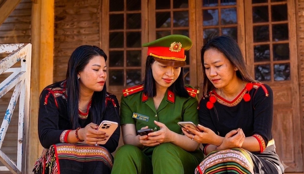 Thượng úy Hồ Ngọc Thiên Thư hướng dẫn người dân buôn Ea Bông, phường Buôn Ma Thuột, thực hiện dịch vụ công trực tuyến trên điện thoại. Ảnh: Báo Đắk Lắk.