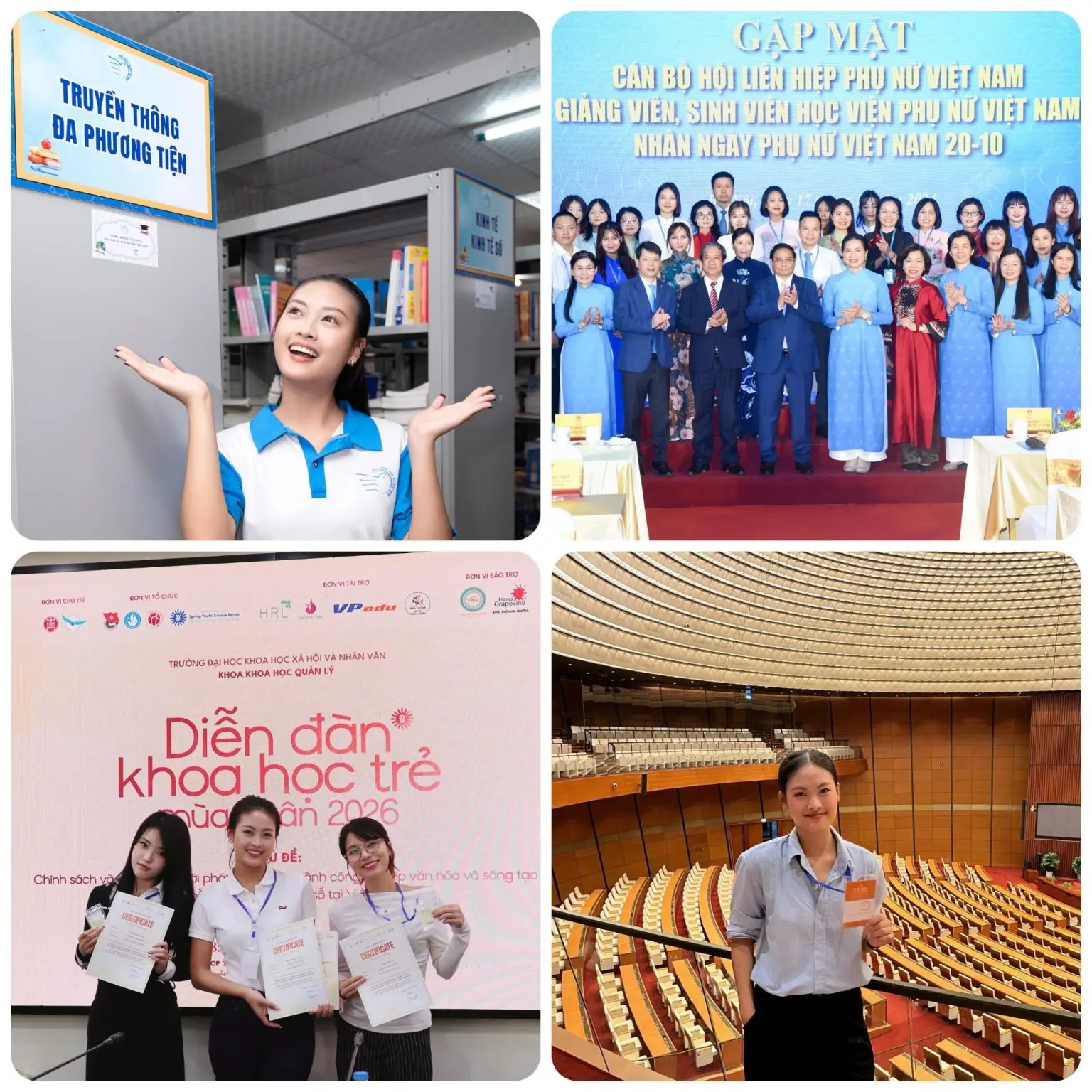 Nguyễn Hồng Loan trong một số hoạt động học tập, nghiên cứu và giao lưu khi theo học ngành Truyền thông đa phương tiện tại Học viện Phụ nữ Việt Nam. Ảnh: Khoa Truyền thông đa phương tiện, Học viện Phụ nữ Việt Nam.