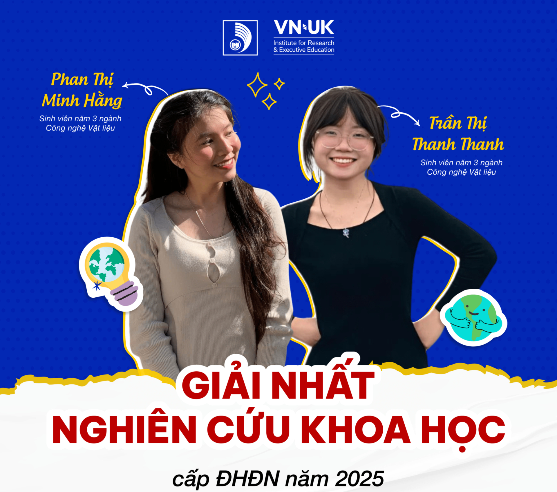 Phan Thị Minh Hằng và Trần Thị Thanh Thanh từng cùng thực hiện nghiên cứu chất điện phân cho thiết bị điện sắc tại VNUK. Hướng nghiên cứu này là nền tảng trước khi nhóm tiếp tục phát triển hệ điện ly gel PVB cho bài toán kính ô tô. Ảnh: VNUK.