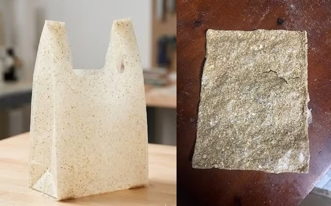 Mẫu sản phẩm MycoBags và lớp màng vật liệu trong giai đoạn thử nghiệm. Nhóm đang tiếp tục điều chỉnh độ dày và độ đàn hồi của vật liệu. Ảnh: Nhân vật cung cấp.