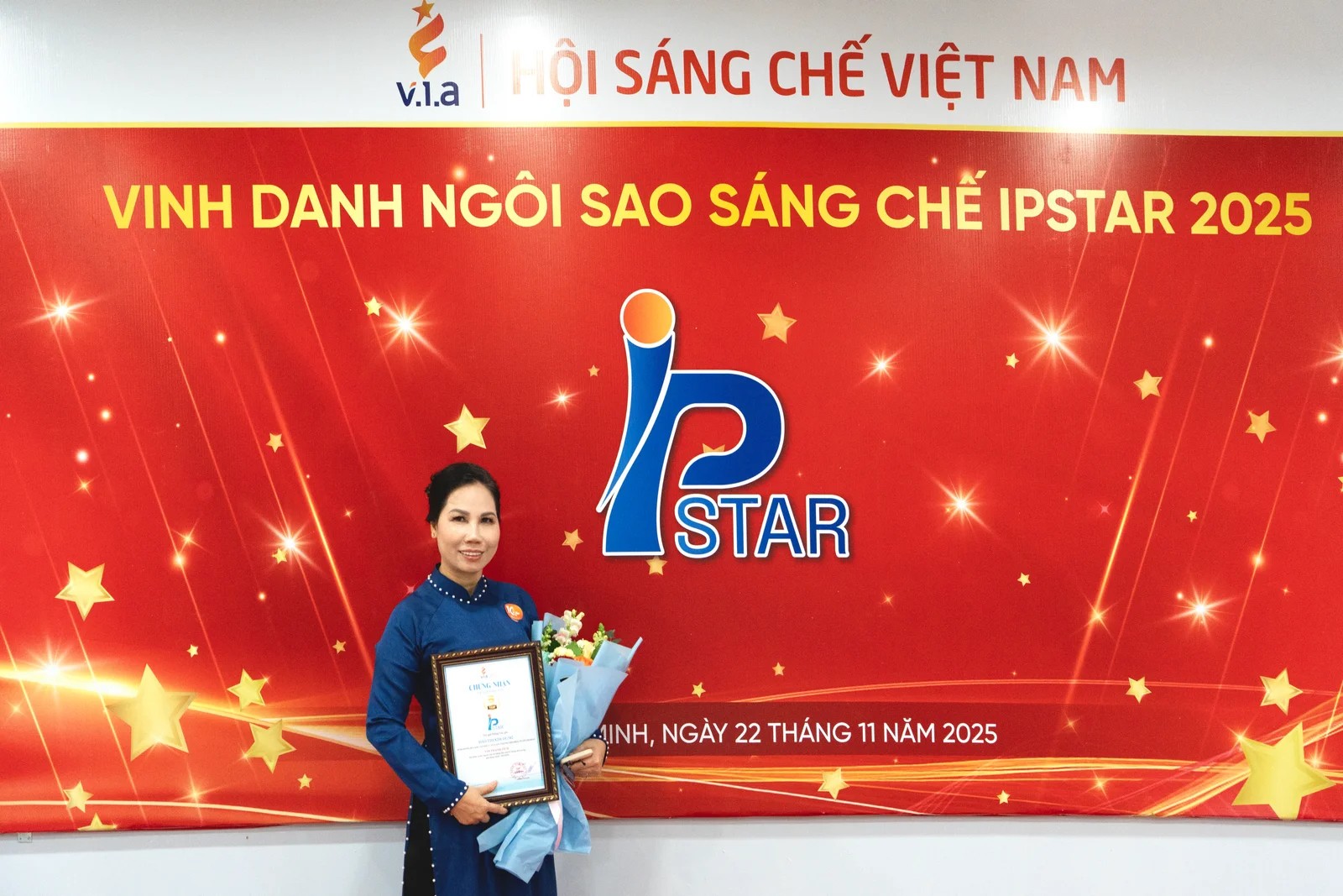 Đào Thị Kim Dung, nhà sáng lập DKD, tại chương trình IPSTAR 2025 ở TP.HCM. Bà là đồng tác giả sáng chế về chế phẩm nano curcumin - phospholipid vừa được cấp văn bằng bảo hộ tại Việt Nam. Ảnh: DKD.