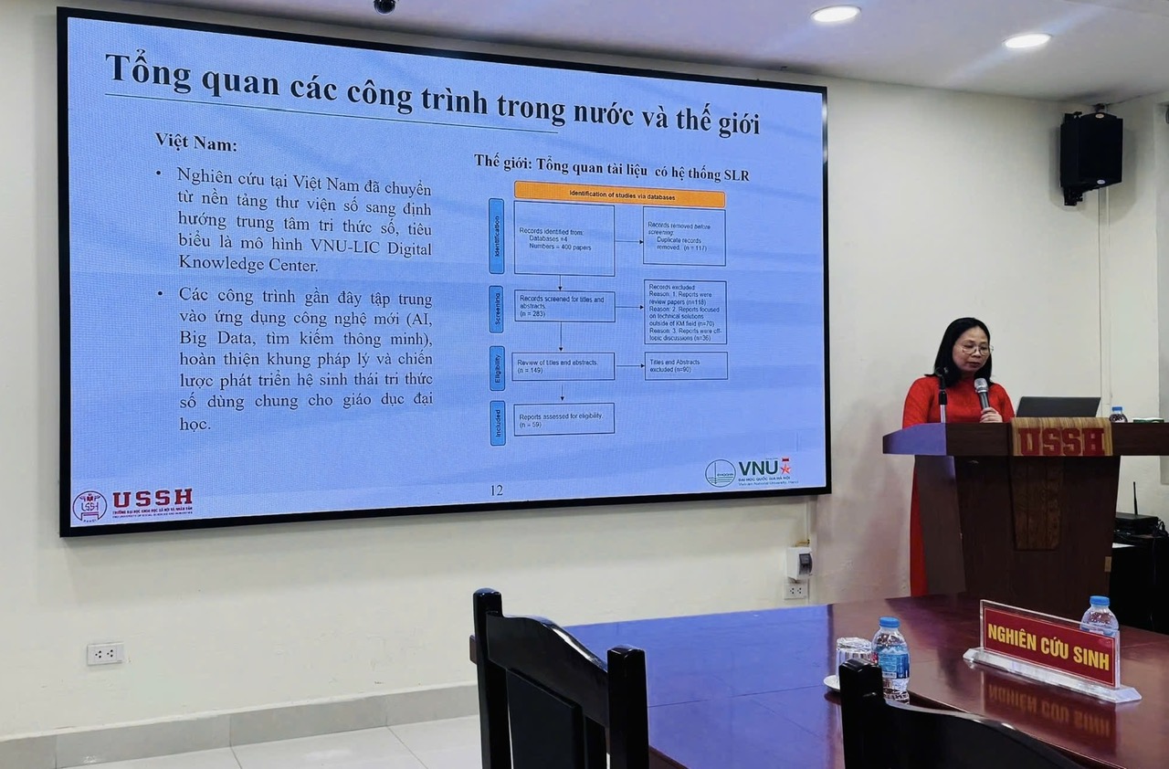 NCS. Nguyễn Thị Kim Lân trình bày luận án về mô hình quản lý tri thức tại Trường Đại học Khoa học Xã hội và Nhân văn, Đại học Quốc gia Hà Nội, ngày 16/4/2026. Ảnh: Khoa Quản trị thông tin, Trường Đại học Khoa học Xã hội và Nhân văn.