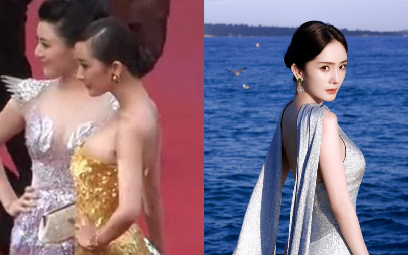 Hình ảnh Dương Mịch tham gia Cannes năm 2012 (trái) và 2024 cho thấy rõ sự thay đổi rõ nét ở phần cổ của nữ diễn viên